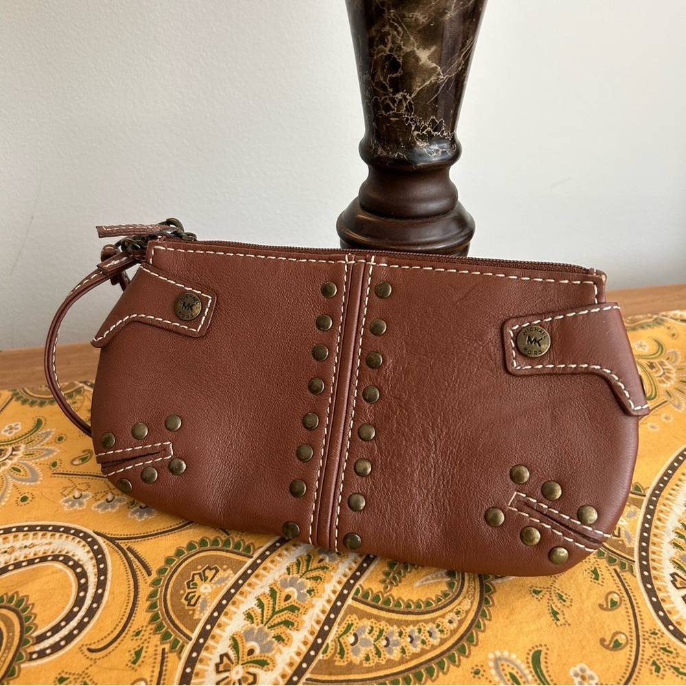 Michael Michael Kors Astor Brown Leather Wristlet W/Studs